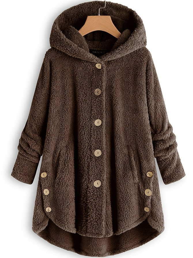 MYSIGT Långärmad Skinna Hooded Suddig Asymmetrisk Fålla Knapp Teddy Björn Täcka