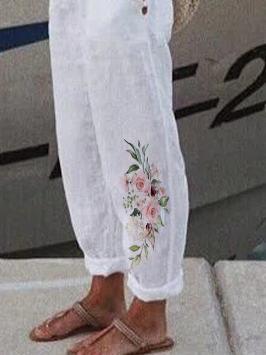 Boho Linné Lösa Blommig Tillfällig Byxor
