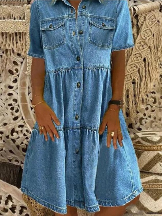 Tillfällig Krås Denim Skjorta Klänning Urban Pendlare Semester Damkläder