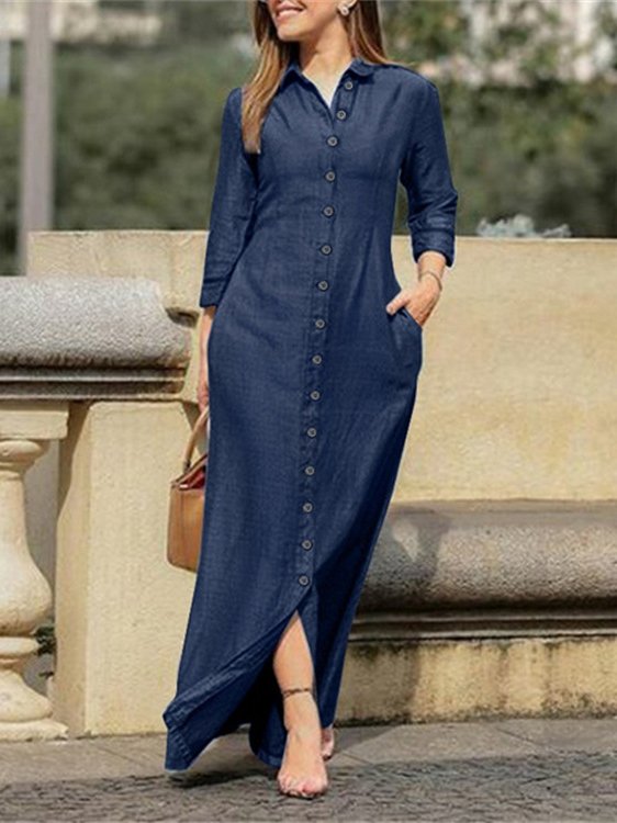 Tillfällig Lösa Denim Skjorta Lång Klänning Urban Pendling Damkläder