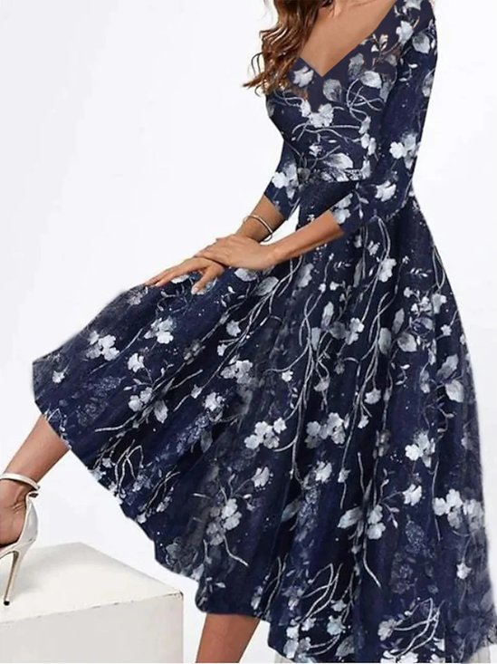 Elegant V-hals Blommig Gunga Klänning