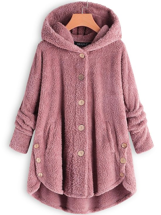 MYSIGT Långärmad Skinna Hooded Suddig Asymmetrisk Fålla Knapp Teddy Björn Täcka