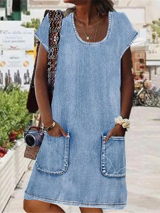 Denim Skopa Nacke Enkel Tillfällig Klänning