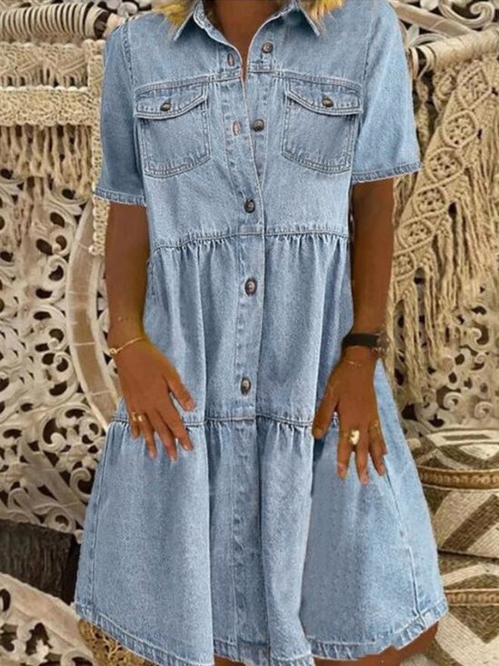 Tillfällig Krås Denim Skjorta Klänning Urban Pendlare Semester Damkläder