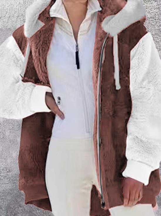 Tillfällig Färg Blockera Luvtröja Teddy Jacka