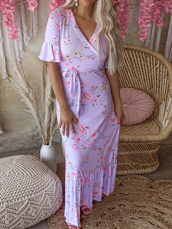 Kvinnors Boho Blommig tryck spets upp Lång Klänning Tillflykt Kläder